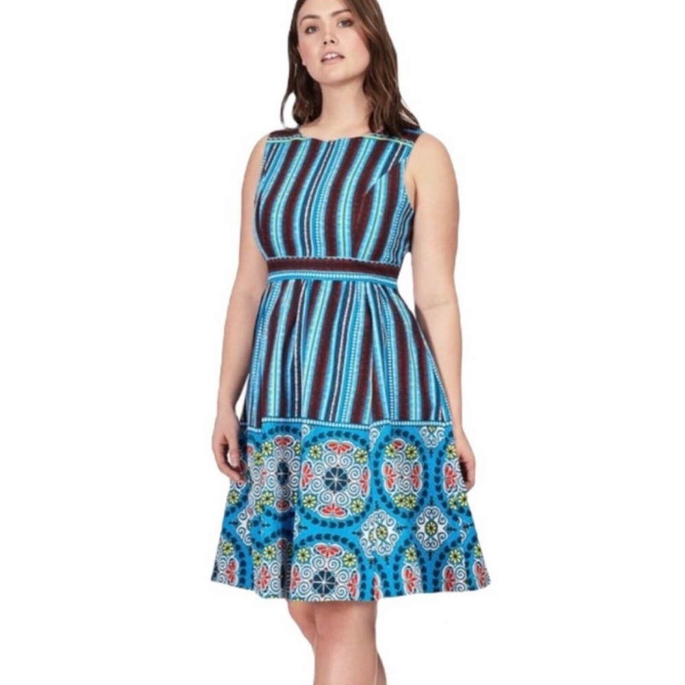 Plenty by Tracy Reese blue and brown fit and flare dress tribal printed size 8